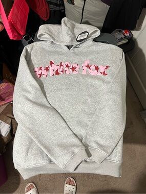 White Fox Boutique  Grey Hoodie with Pink & Red Star Logo